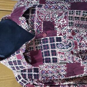 Brylane woman collection burgandy patchwork pattern long sleeve long line tunic